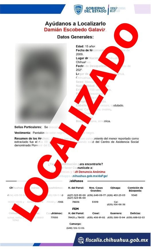 Localiza Fiscalía a dos menores de edad con reporte de desaparición en la ciudad de Chihuahua